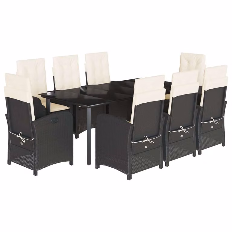 Set da Pranzo da Giardino 9 pz con Cuscini Nero in Polyrattan