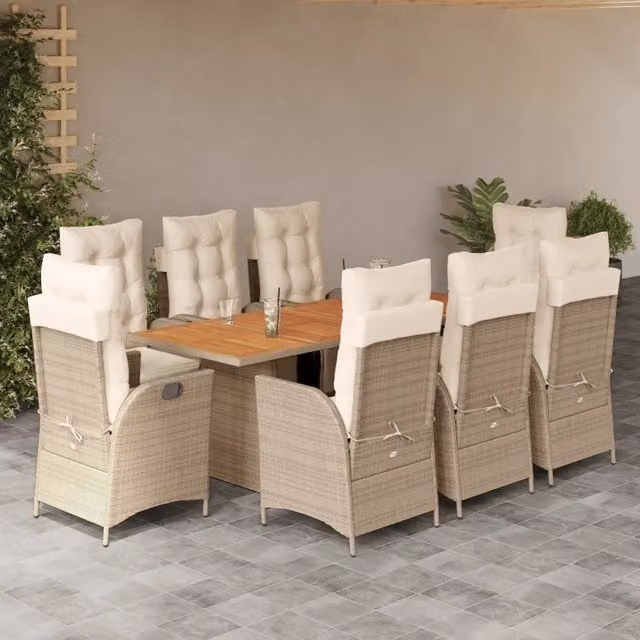 Set da pranzo da giardino vidaXL in legno di acacia e polyrattan con 9 cuscini beige e bianchi – 1
