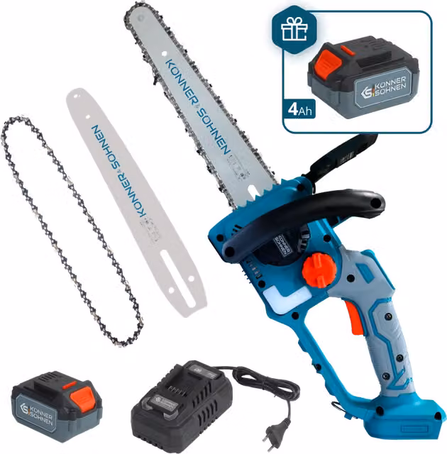 Motosega Mini a Batteria Könner & Söhnen KS MCS20V-12 SET PLUS con Batteria Ricaricabile e Caricatore Rapido Multicolore