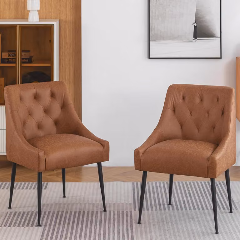 Sedia da pranzo – Set di 2 sedie a forma di conca con rivestimento color beige chiaro e cuciture a motivo a diamante in stile mid-century