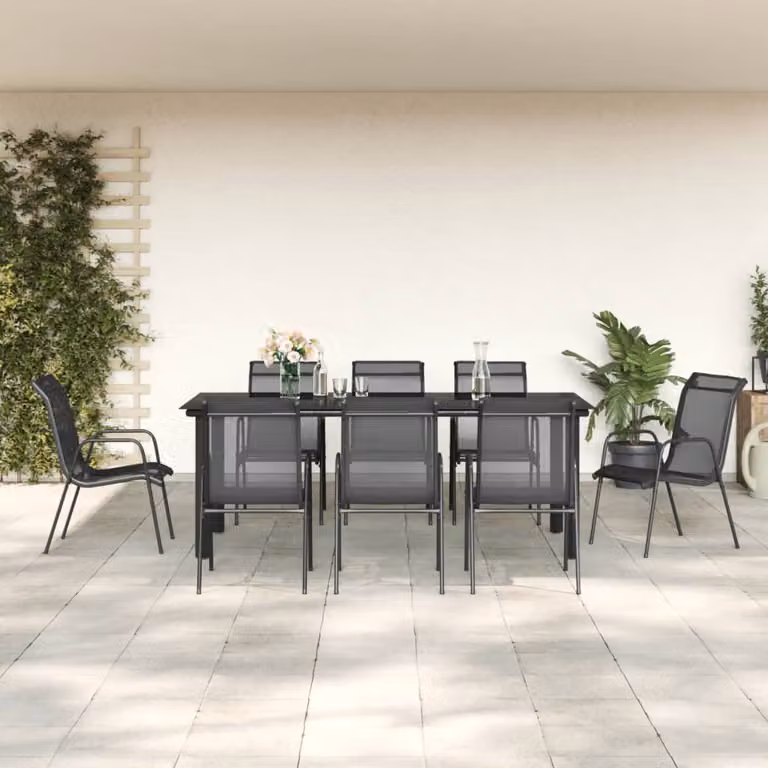 Set da Pranzo da Giardino vidaXL in Acciaio e Textilene Nero, 9 Pezzi