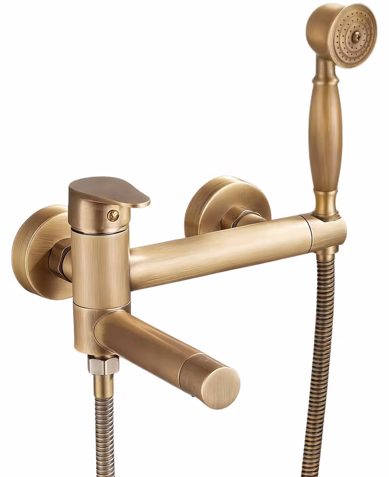 Rubinetto per vasca da bagno in stile vintage, con doccetta manuale, in ottone anticato, da montare a parete