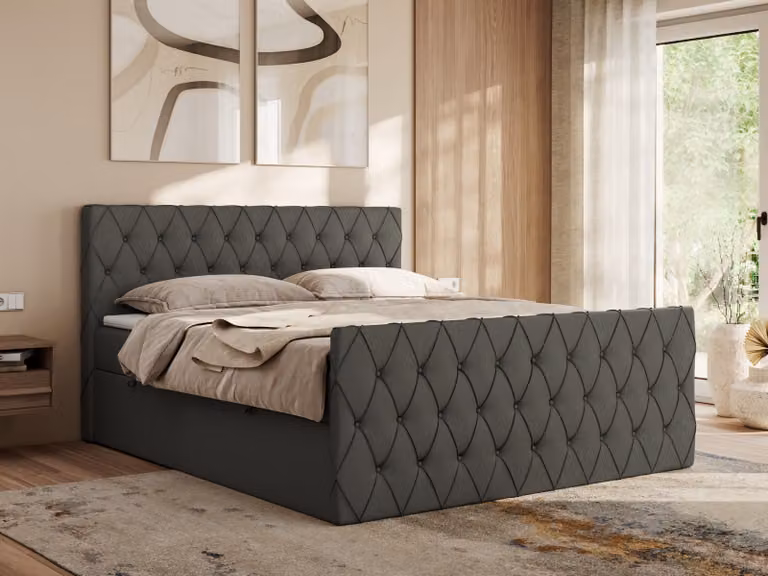 Letto boxspring MKS MEBLE 180x200 con contenitore, letto 180x200 con materasso H4, letto boxspring 180x200 con topper - Miren Duo - Ecopelle grigia - H4