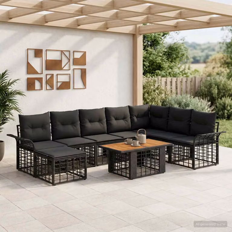 Set Divano da Giardino vidaXL 9 pz in Polyrattan con Cuscini, Tavolino e Ottoman, Nero e Grigio