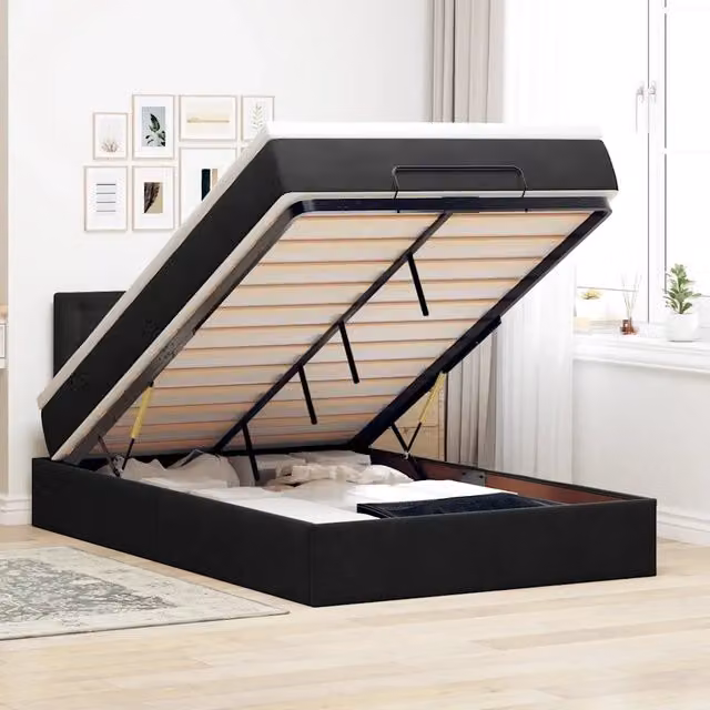 Letto con contenitore a sollevamento vidaXL in velluto nero con porta USB e illuminazione sottostante L: 200 cm, P: 120 cm, H: 88 cm – 1