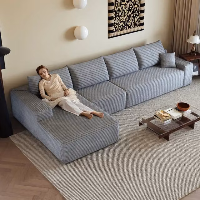 Divano angolare modulare 340 cm con chaise longue a L, 4 posti, rivestimento in velluto a coste, grigio