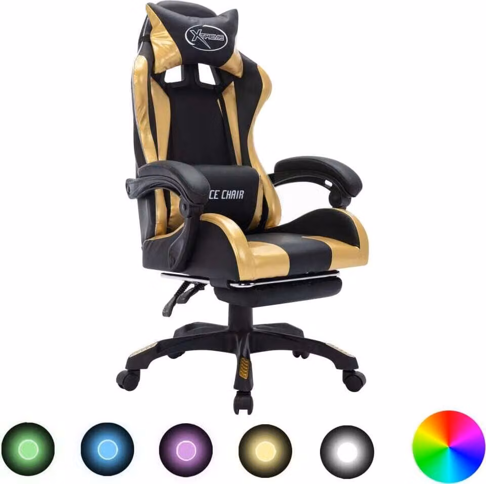 Sedia da gioco con luci LED RGB in ecopelle oro e nera