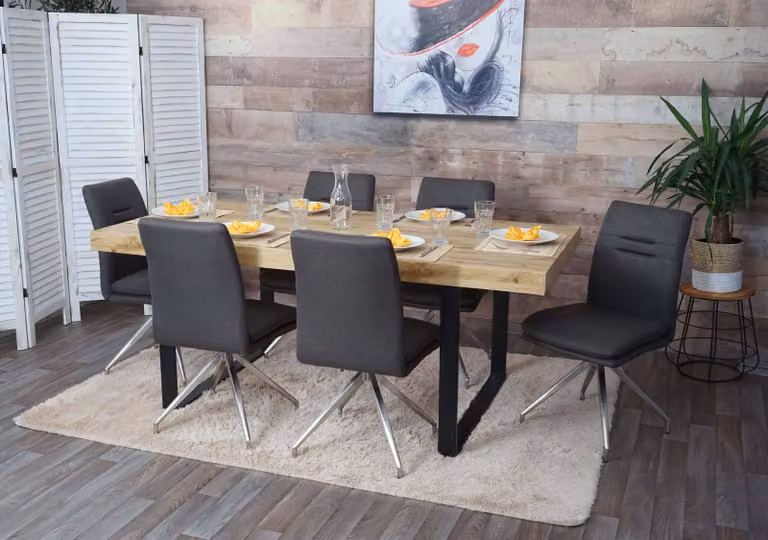 set di 6 sedie per sala da pranzo HWC-H70, sedia da cucina poltrona sedia, tessuto/tessuto acciaio inox spazzolato ~ grigio-marrone