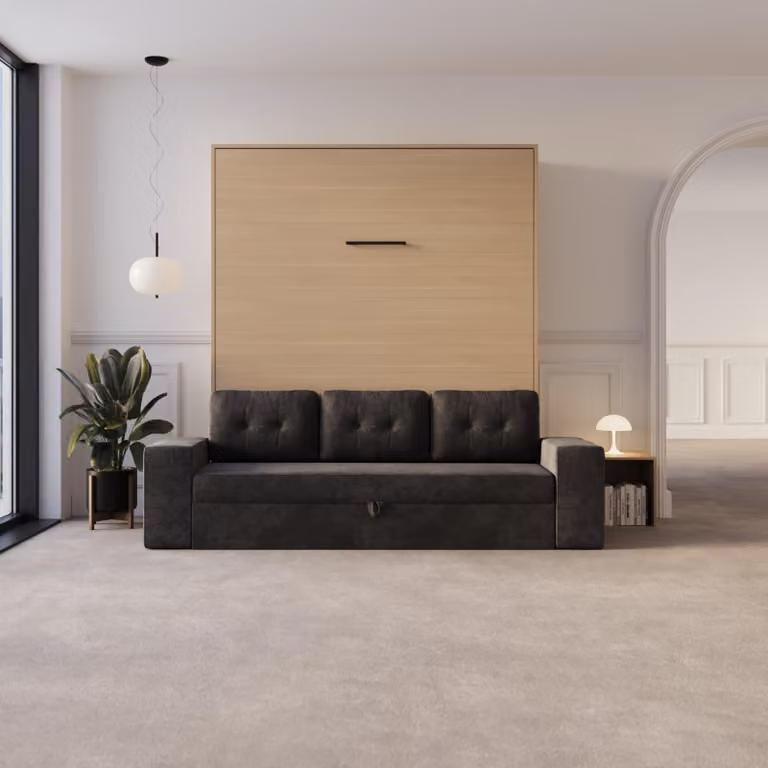 Letto a scomparsa M3 160x200 (profondità 55 cm) verticale Rovere Kaiser divano antracite