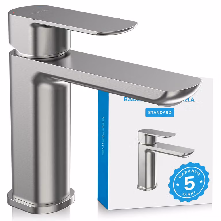 Miscelatore per bagno Bächlein Mizarela dal design classico, miscelatore monocomando con cartuccia in Vetroceramica di lunga durata e set di montaggio, rubinetto per bagno in acciaio inox spazzolato - bocca piatta