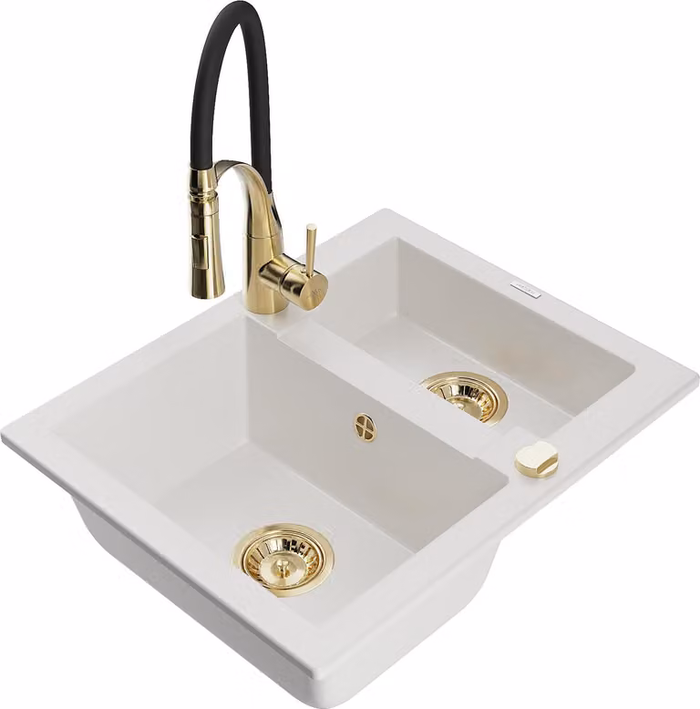 Mexen Carlos lavello in granito a 1,5 vasche con miscelatore da cucina Aster, bianco - 6518-20-73450-57-G