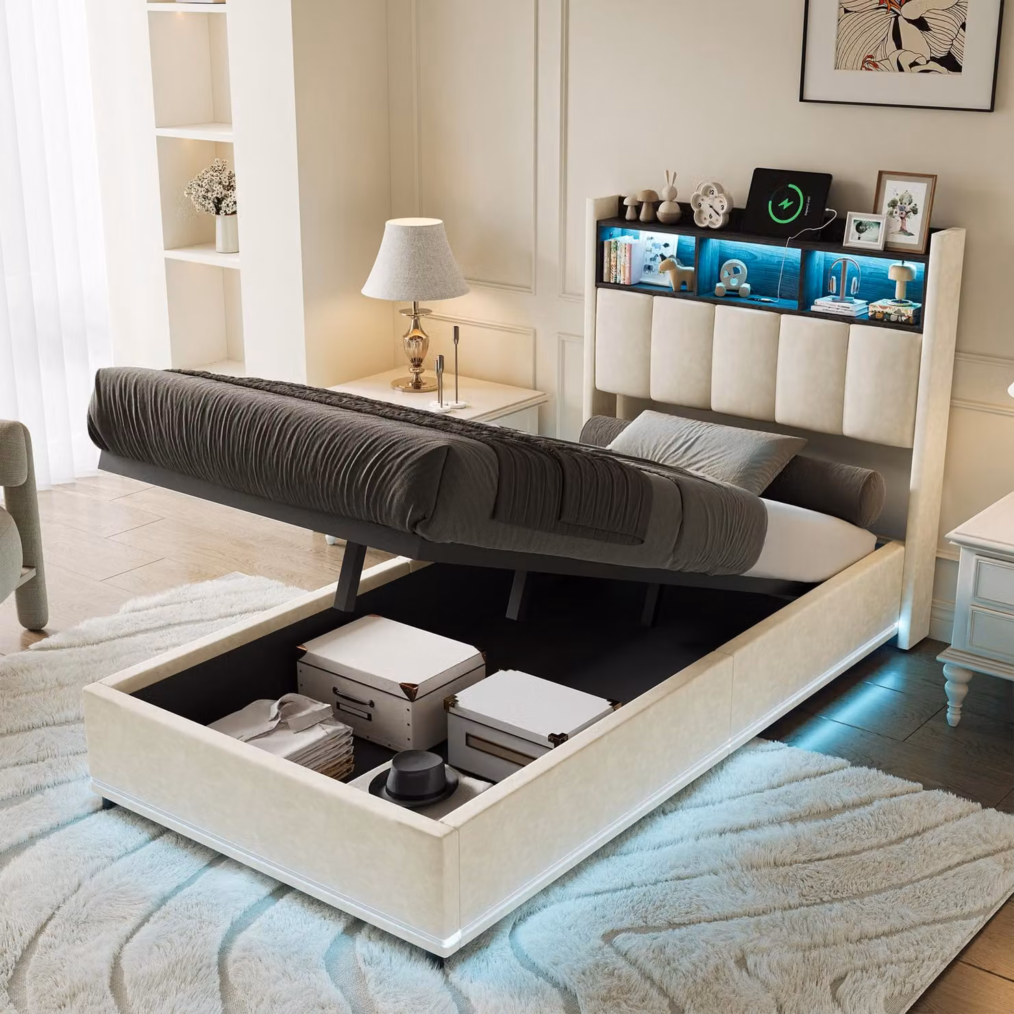 Letto 90x200 cm con rivestimento in velluto, testiera con illuminazione a LED, rete a doghe e porta USB di tipo C