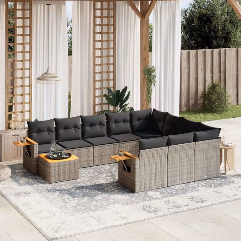 vidaXL Set Divani da Giardino 11 pz in Polyrattan Grigio con Cuscini e Tavolino da Esterno a Forma di L
