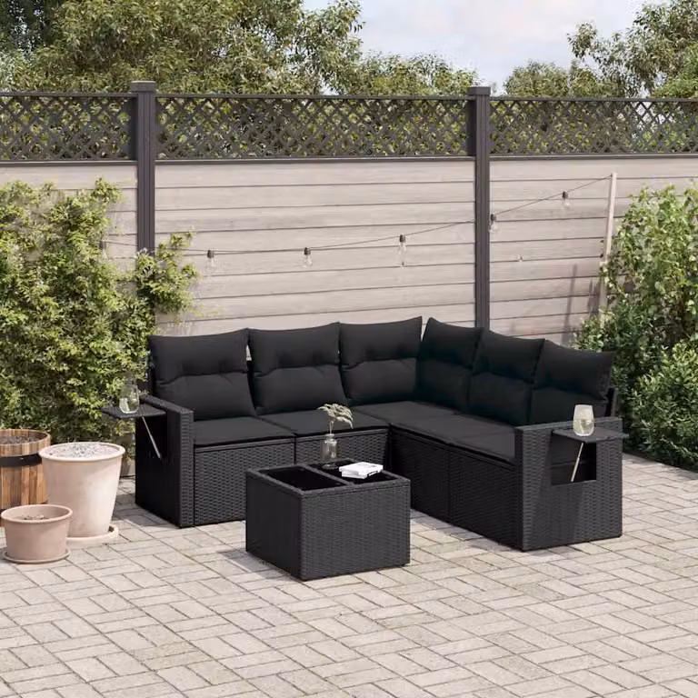 vidaXL Set Divano da Giardino a L in Polyrattan Nero con Cuscini e Tavolino da Esterno