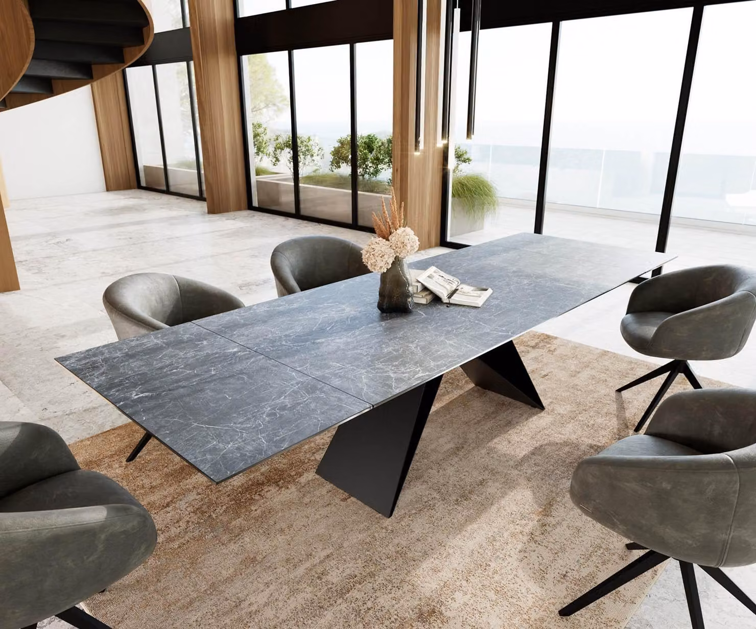 Tavolo da pranzo DELIFE Edge, dimensioni 200-300x100 cm, piano in laminato ceramico Lamina® nero "Greco", struttura a forma di "V" in acciaio nero, allungabile