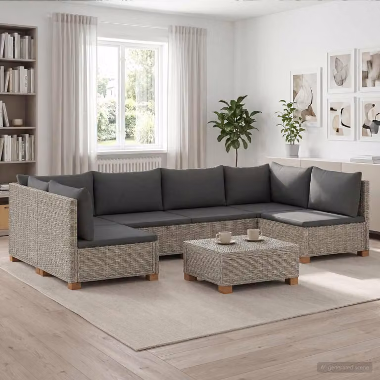 Maison Exclusive - Set da salotto in rattan naturale "Kubu" grigio, composto da 7 pezzi, con cuscini