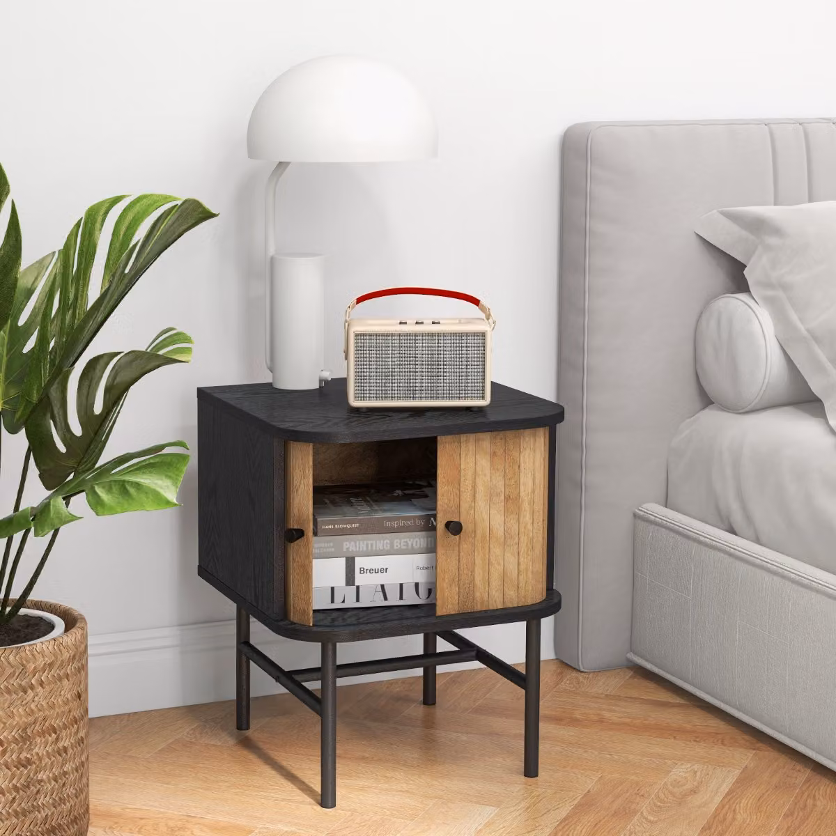 Comodino Costway in stile mid-century con ante scorrevoli e gambe in metallo, tavolino laterale per soggiorno o camera da letto, Nero