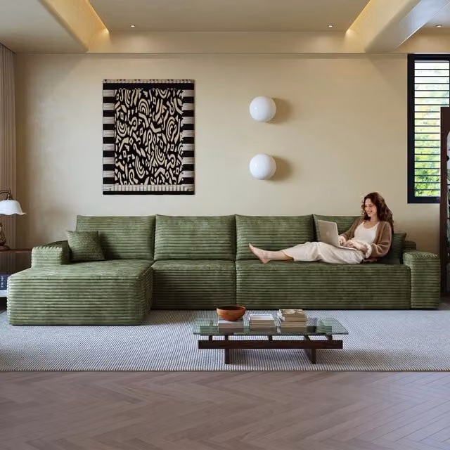 Divano angolare modulare 340 cm a L con chaise longue, 4 posti, rivestimento in velluto a coste, verde