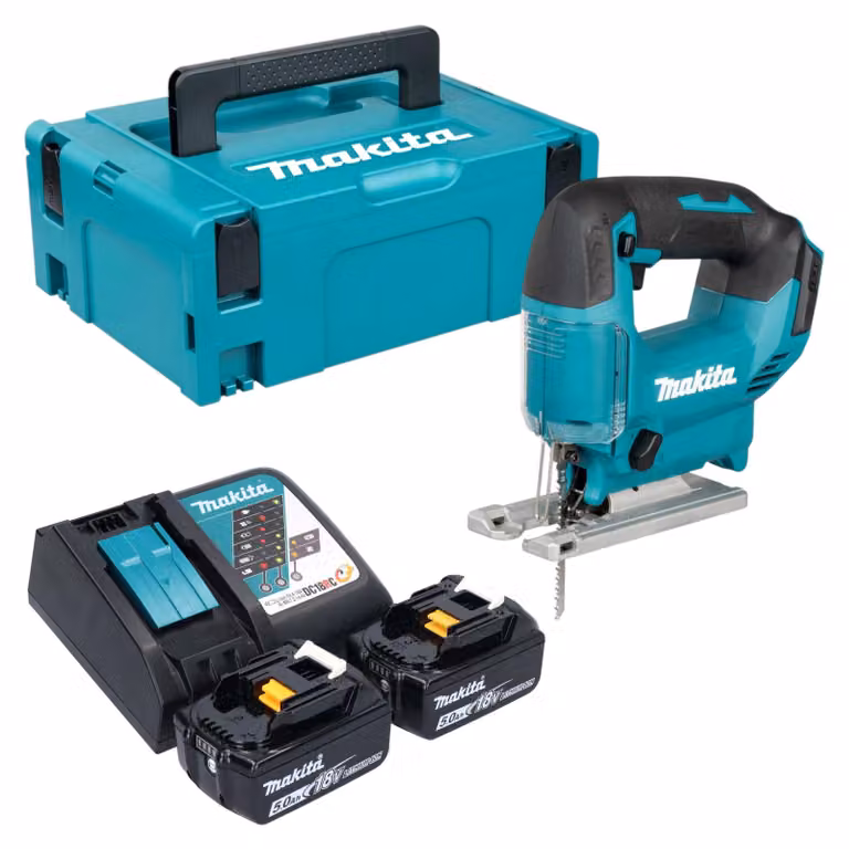 Seghetto alternativo a batteria Makita DJV 186 RTJ 18 V + 2 batterie da 5,0 Ah + caricabatterie + Makpac