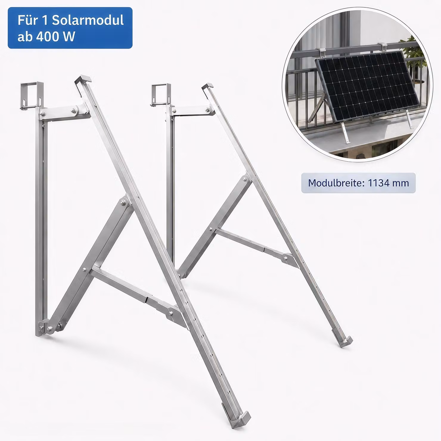 Supporto per impianti fotovoltaici da balcone ad alta capacità, per 1 modulo solare da 400–600 W, fino a 1134 mm, regolabile da 10° a 40°, in alluminio, adatto per balconi, tetti piani e pareti