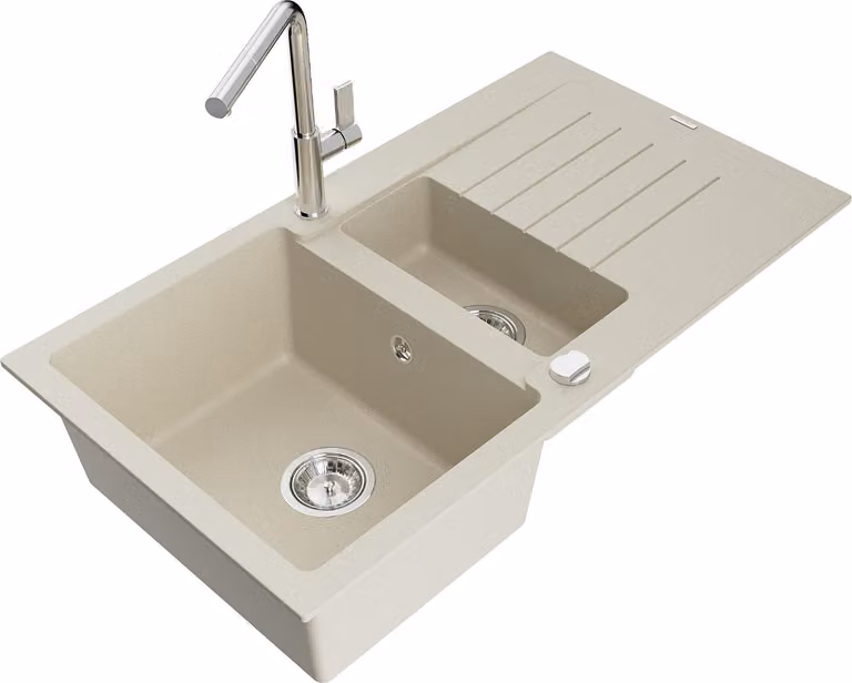 Mexen Matias lavello in granito 1,5 vasche con sgocciolatoio e miscelatore cucina Flora, beige - 6502-69-670401-00