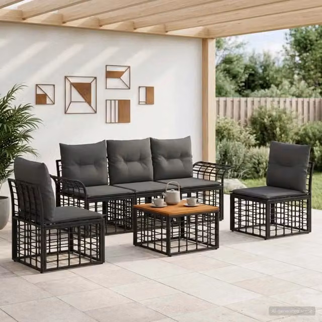 Set di divani da esterno 6 pz Nero e Grigio scuro Poliestere 3437661