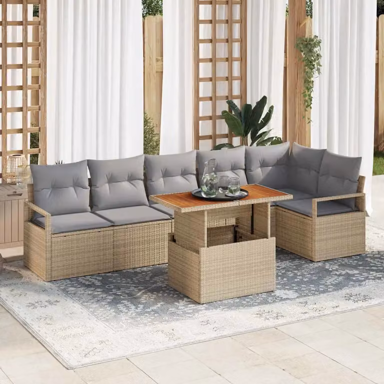 Set Divano da Giardino vidaXL 7 Pezzi a Forma di L con Tavolino, Polyrattan e Cuscini, Beige