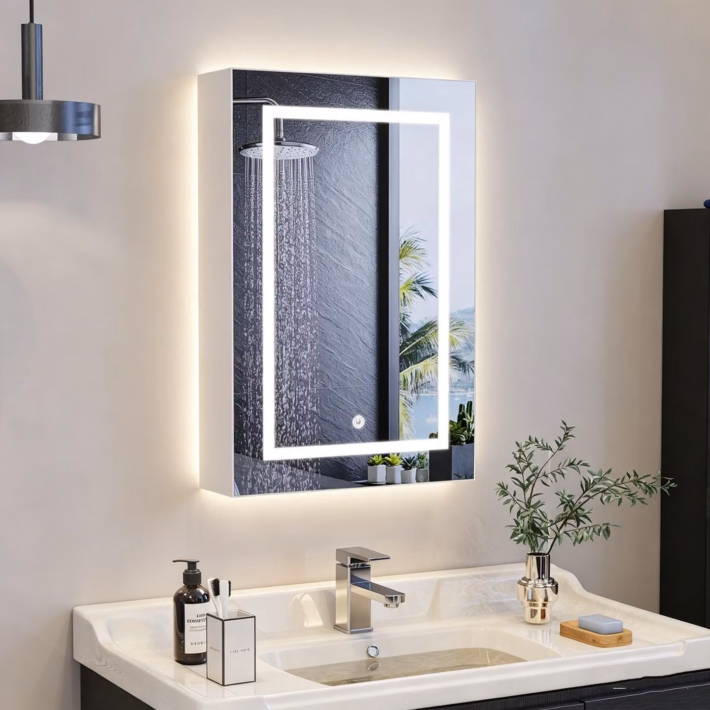 INONEFT, mobiletto da bagno con specchio e illuminazione, 50 x 70 x 12,5 cm, armadietto da bagno con luce e ripiani regolabili, mobiletto bagno, mobile a muro, bianco