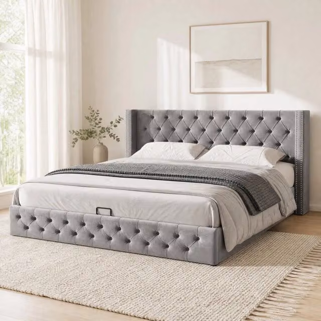 Letto matrimoniale imbottito con contenitore idraulico 140x200 cm in velluto grigio