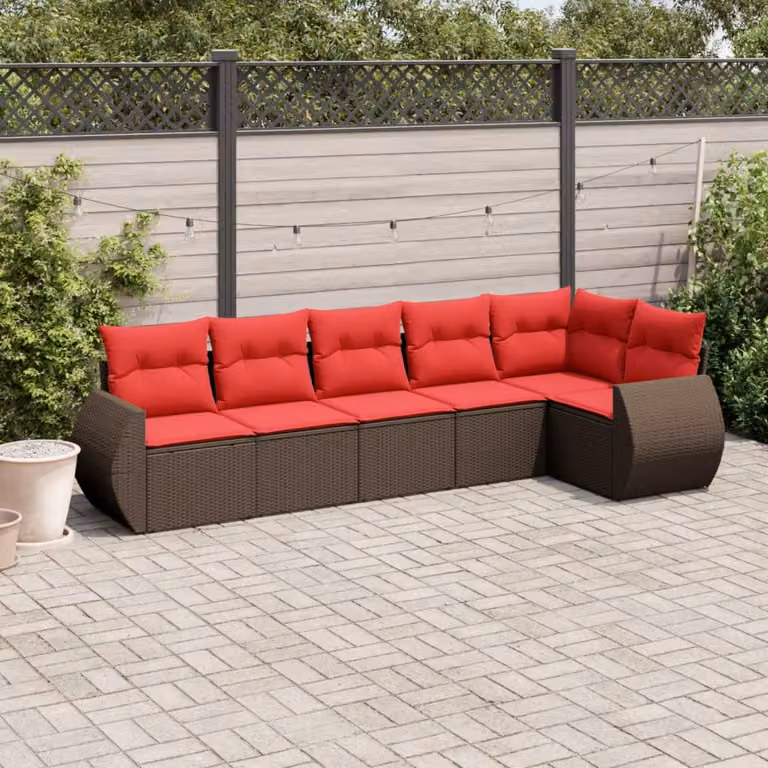 Set di divani da giardino vidaXL 6 pz a forma di L con cuscini marroni e rossi in rattan e metallo