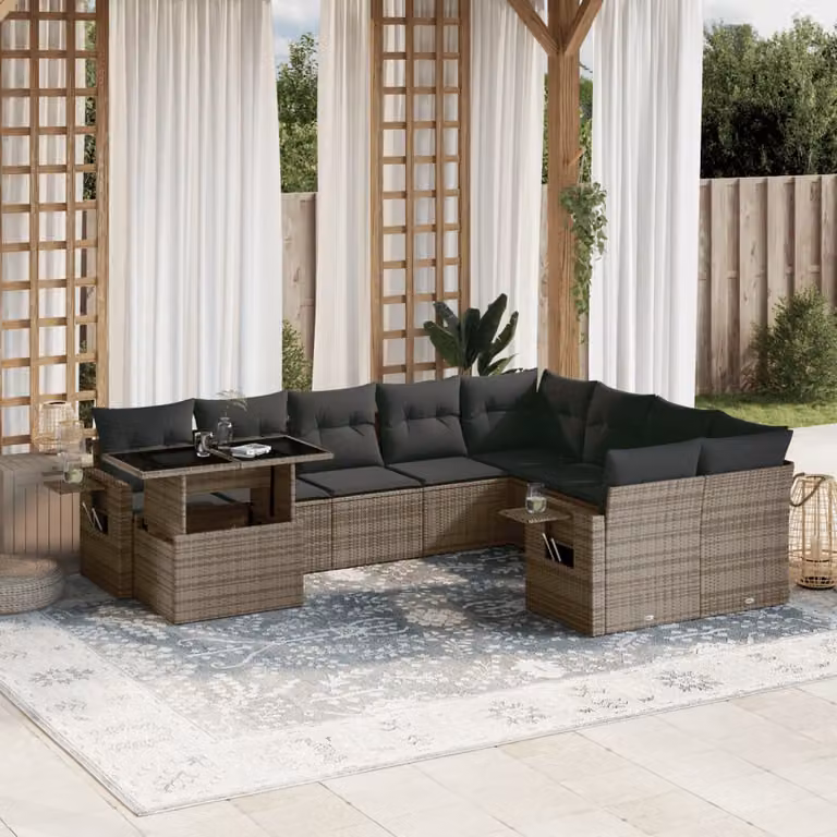 vidaXL Set Divano da Giardino 10 pz a Forma a L con Cuscini Grigio in Polyrattan e Acciaio