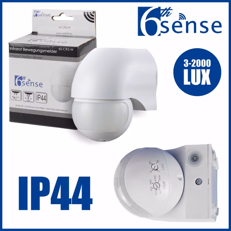 Sensore di movimento esterno, bianco, modello SLIM, sensore PIR a 180°, portata 12 metri, grado di protezione IP44, con LED, da montare a parete