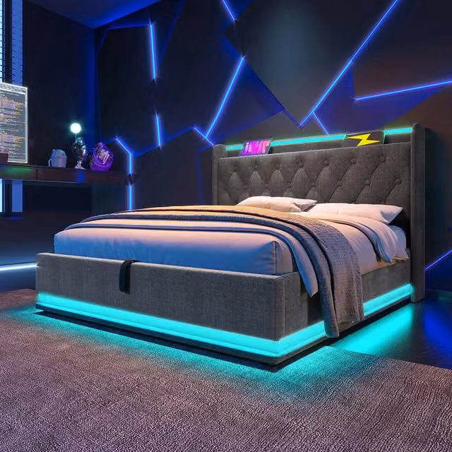 Letto a cassone per adulti 140x200 cm - Xylo - Testiera imbottita, alzata idraulica, USB-C, Grigio