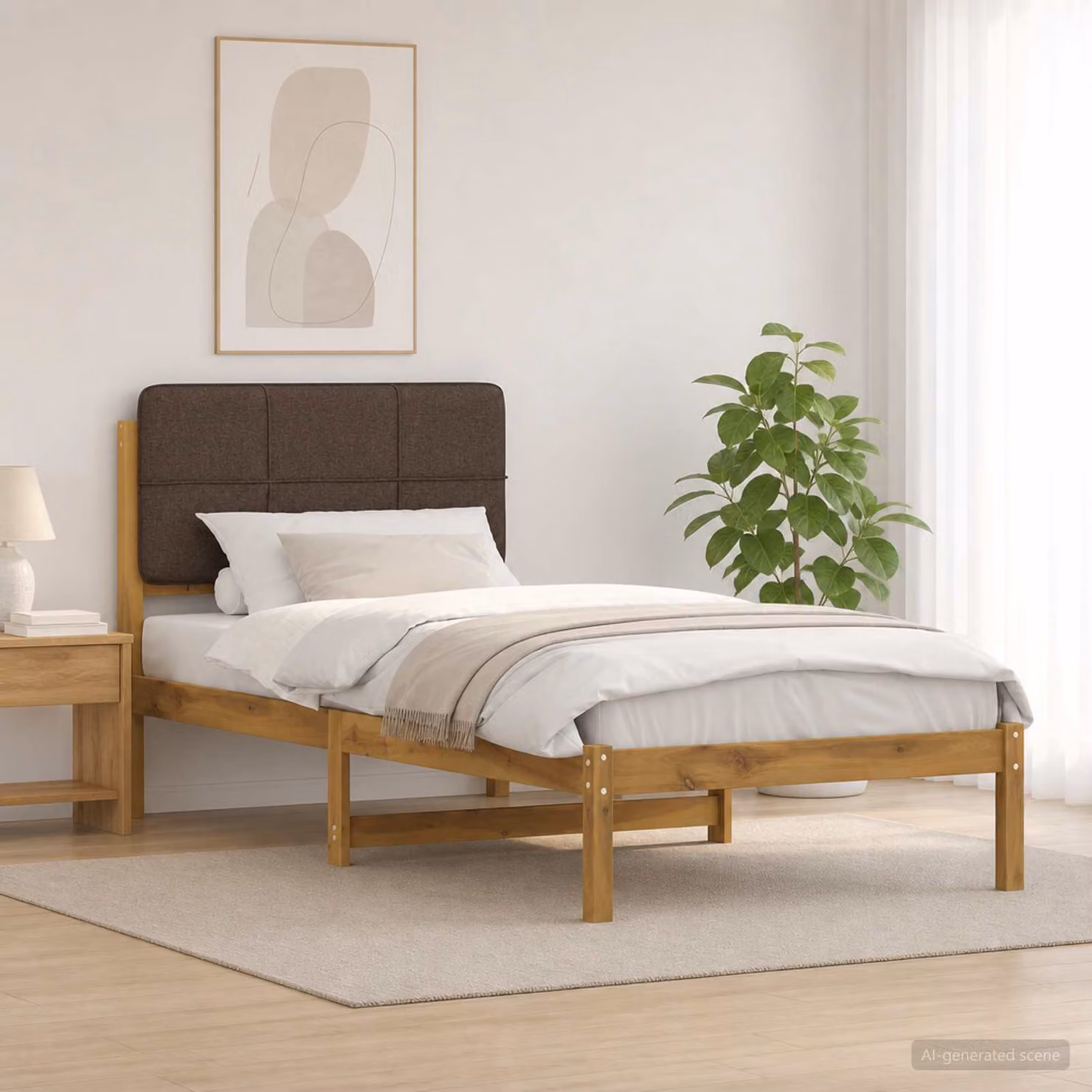 Letto con testiera rivestita vidaXL in legno di acacia, bianco e taupe, L/P/H: 90 x 190 x 96 cm