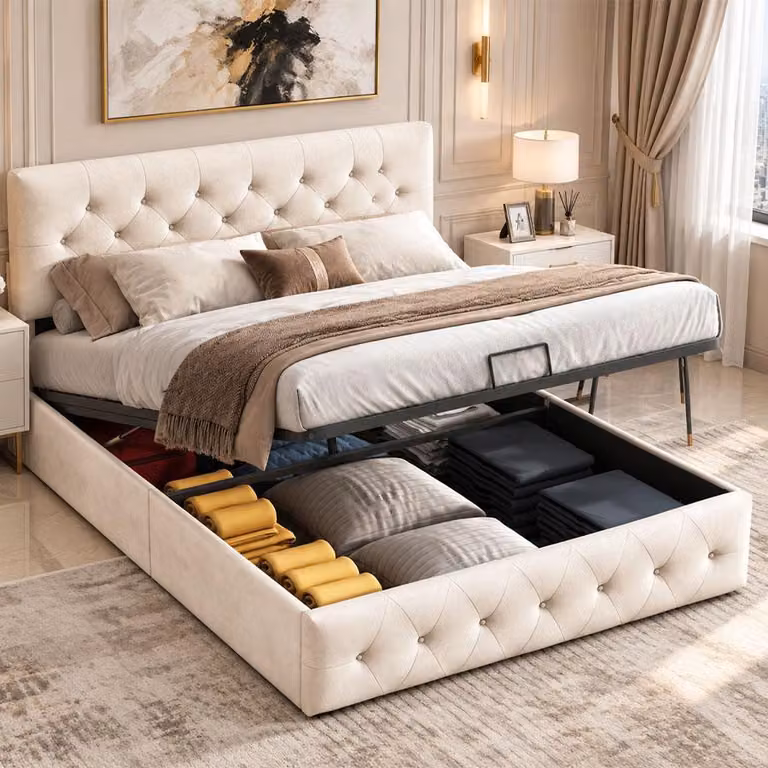 Letto idraulico INONEFT, 160 x 200 cm, letto imbottito con spazio contenitore e rete a doghe, letto matrimoniale con poggiatesta regolabile in altezza, rivestito in velluto, colore pesca