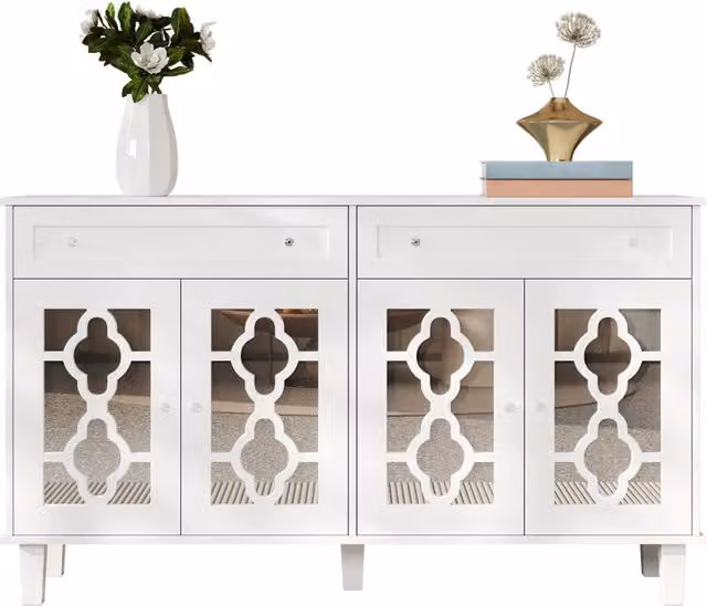 Credenza e madia moderna in MDF bianco con 4 ante a specchio, 2 cassetti e ripiani regolabili per soggiorno o sala da pranzo, L 140 x P 40 x H 83 cm