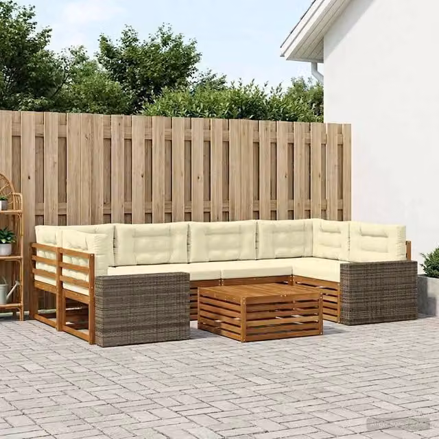 Set di divani da esterno a L con tavolino vidaXL in legno di acacia, colore beige e bianco, composto da 7 pezzi con cuscini inclusi – 1