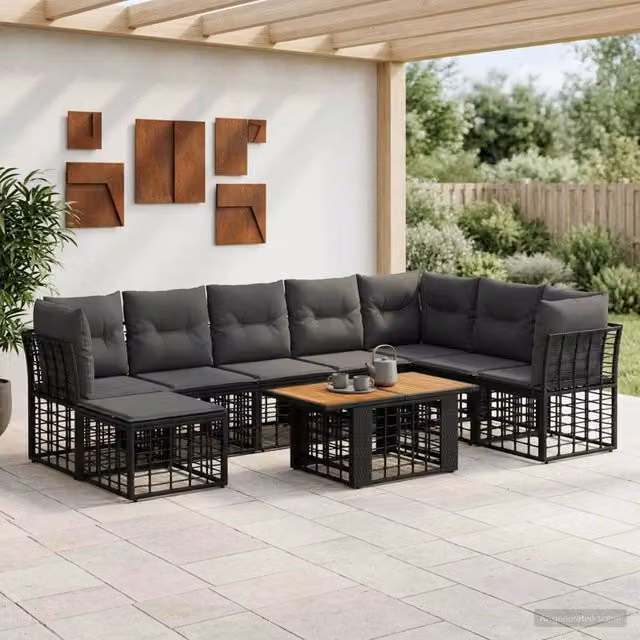 Set Divano da Giardino 9 pz Nero e Grigio scuro polyrattan 3437895