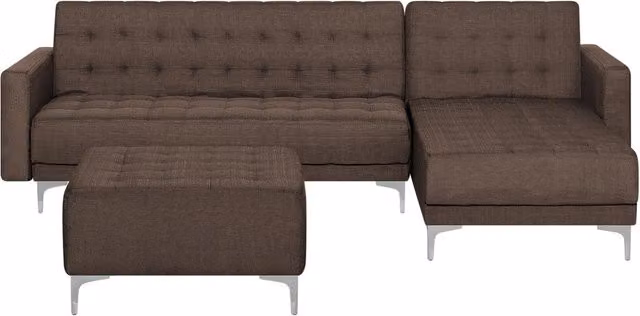 Divano letto angolare Beliani a forma di L in tessuto marrone con chaise longue sinistra, modello componibile a 4 posti con funzione letto click-clack e poggiatesta regolabile, L/P/H: 267 x 168 x 87 cm