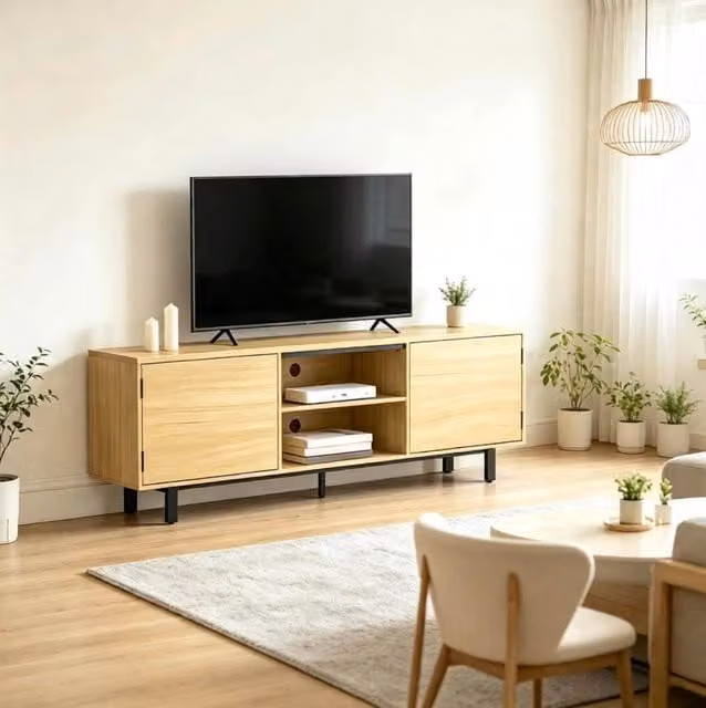 Mobile TV 160x35x55,5 cm in truciolare naturale e metallo, soggiorno –