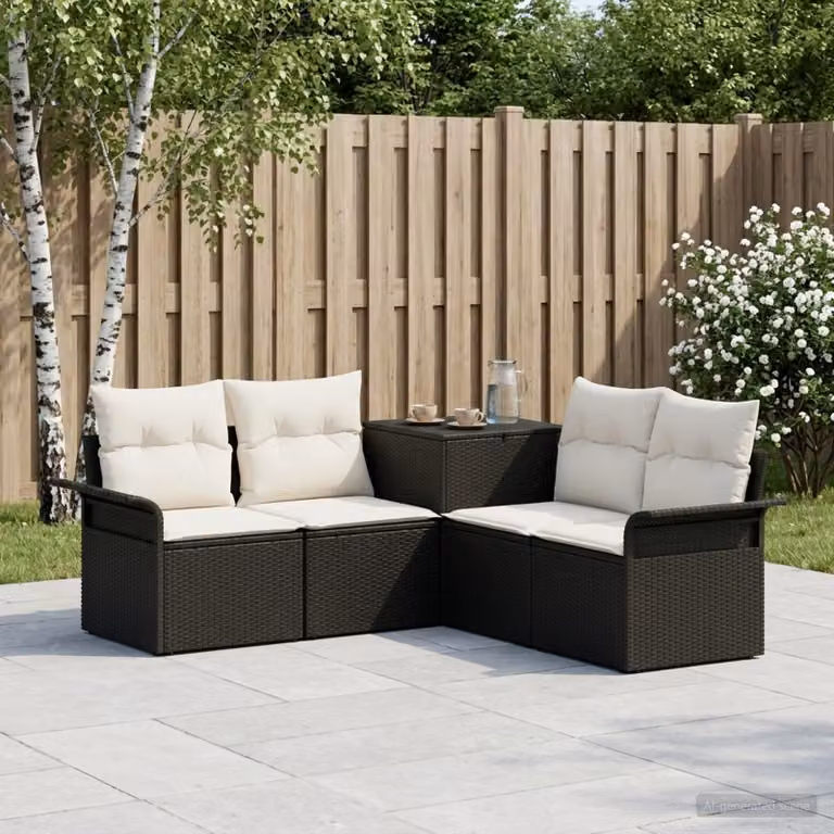 Set di divani da giardino vidaXL a forma di L con cuscini, struttura in acciaio verniciato a polvere e tessuto resistente alle intemperie, nero e bianco