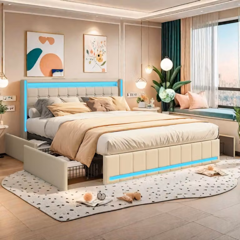 Letto imbottito ProximaX 140x200cm con 4 cassetti, letto contenitore letto matrimoniale con funzione cassetto, letto per ragazzi letto in legno con LED, letto funzionale, biancheria, beige