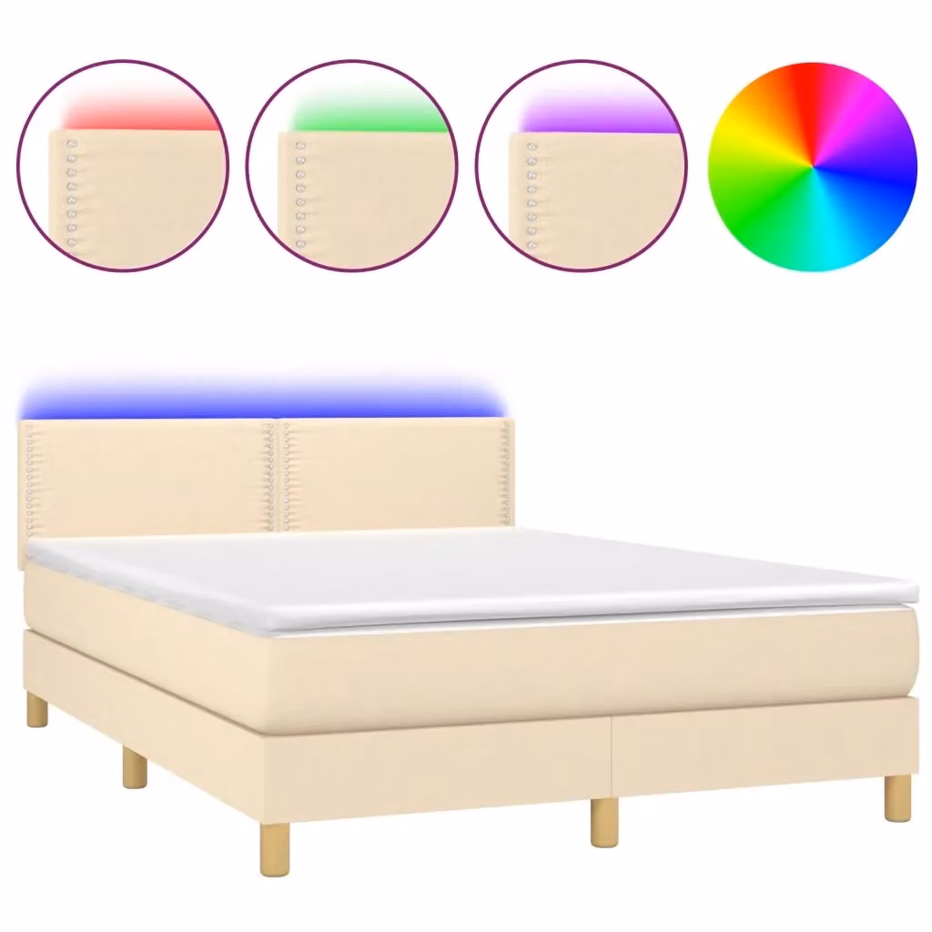 Letto a Molle con Materasso vidaXL in Tessuto con Illuminazione LED e Porte USB, Crema, L/P: 140 x 200 cm – 2