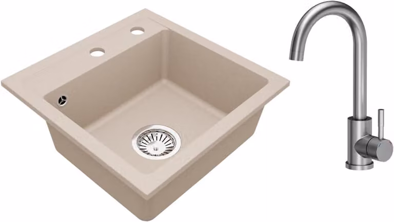 VBChome Lavello in granito 44 x 44 cm Beige con rubinetto Lavello da incasso a vasca singola Speckled Lavello di facile manutenzione con sifone Ideale per piccole cucine