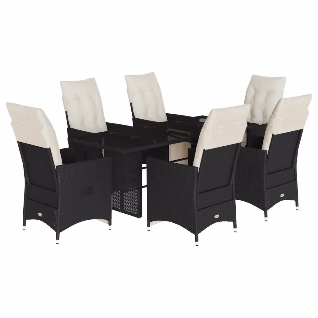 Set da Pranzo da Giardino 7 pz vidaXL in Polyrattan Nero con Cuscini e Tavolo in Vetro – 2