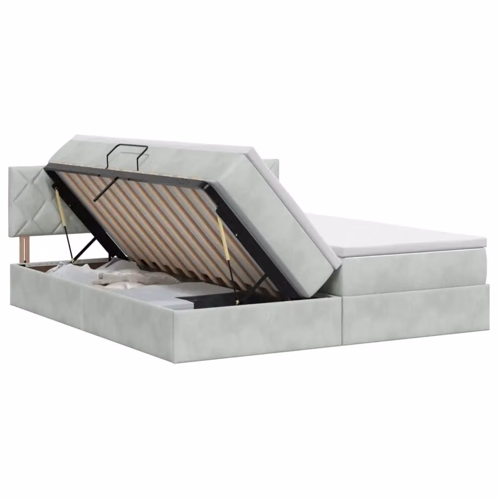 Letto con contenitore e testiera vidaXL in tessuto grigio e bianco L/P/H: 200 x 180 x 88 cm – 2