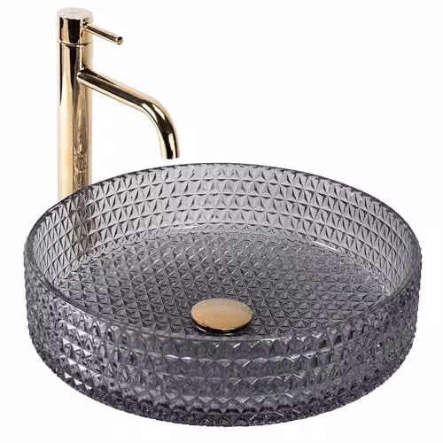 Rea - Lavabo Da Appoggio Cristal Grey 39 Nikiel Spazzolato Lavabo Bagno 400 X 400 X 110 mm Vetro (Grigio)