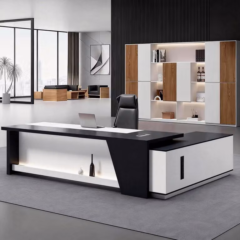 Scrivania a forma di L con spazio contenitivo, dimensioni 200x80x75 cm, colore nero e bianco