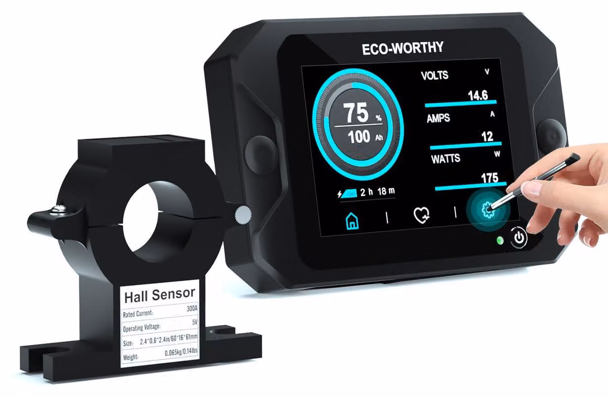 Monitor per batterie da 300 A - 12-48 Volt - Schermo touchscreen da 3,5 pollici - Nero - Adatto per camper e impianti solari