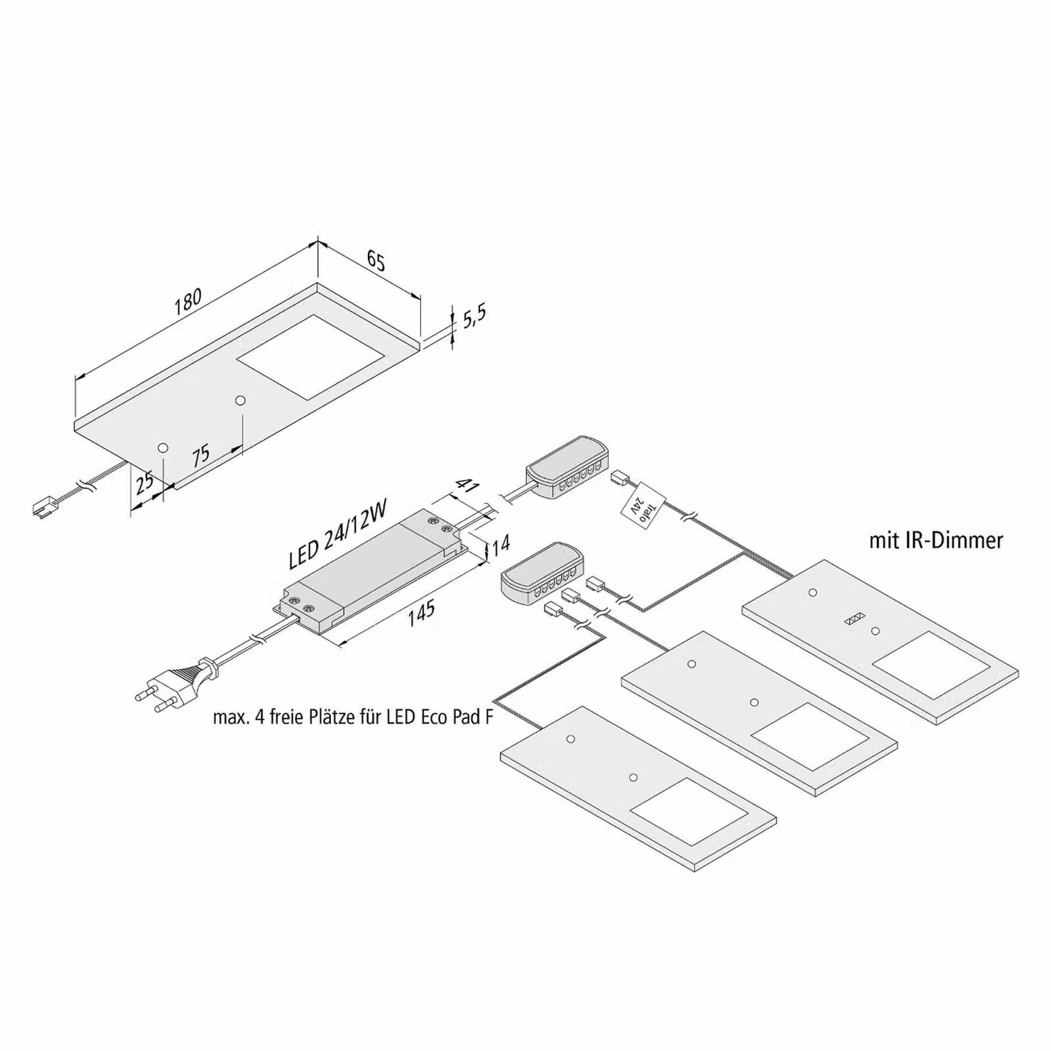 Hera Lampada LED mobili Eco-Pad F set 3x 3.000K nero F, dimmerabile, Nero, Cucina, Alluminio, Moderno, Lampade per mobili